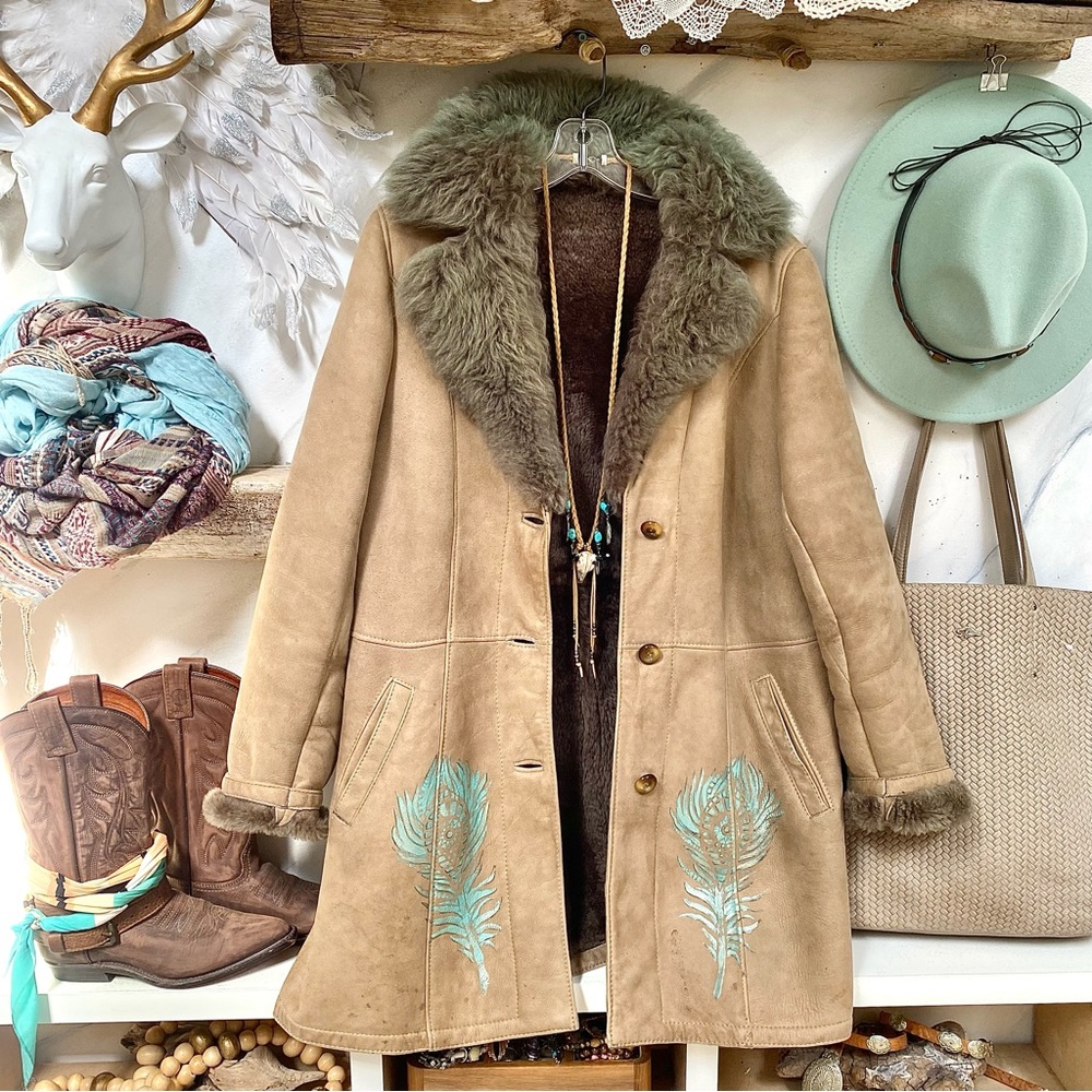 Handpainted Shearling rustic suede AQUA OMBRA leather Gypsy jacket blue feathers
